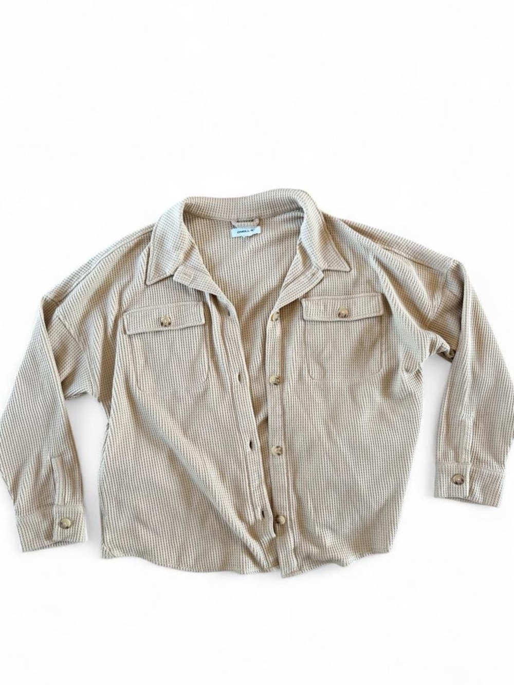 Waffle-Knit Button-Up Shirt Jacket - Cream
